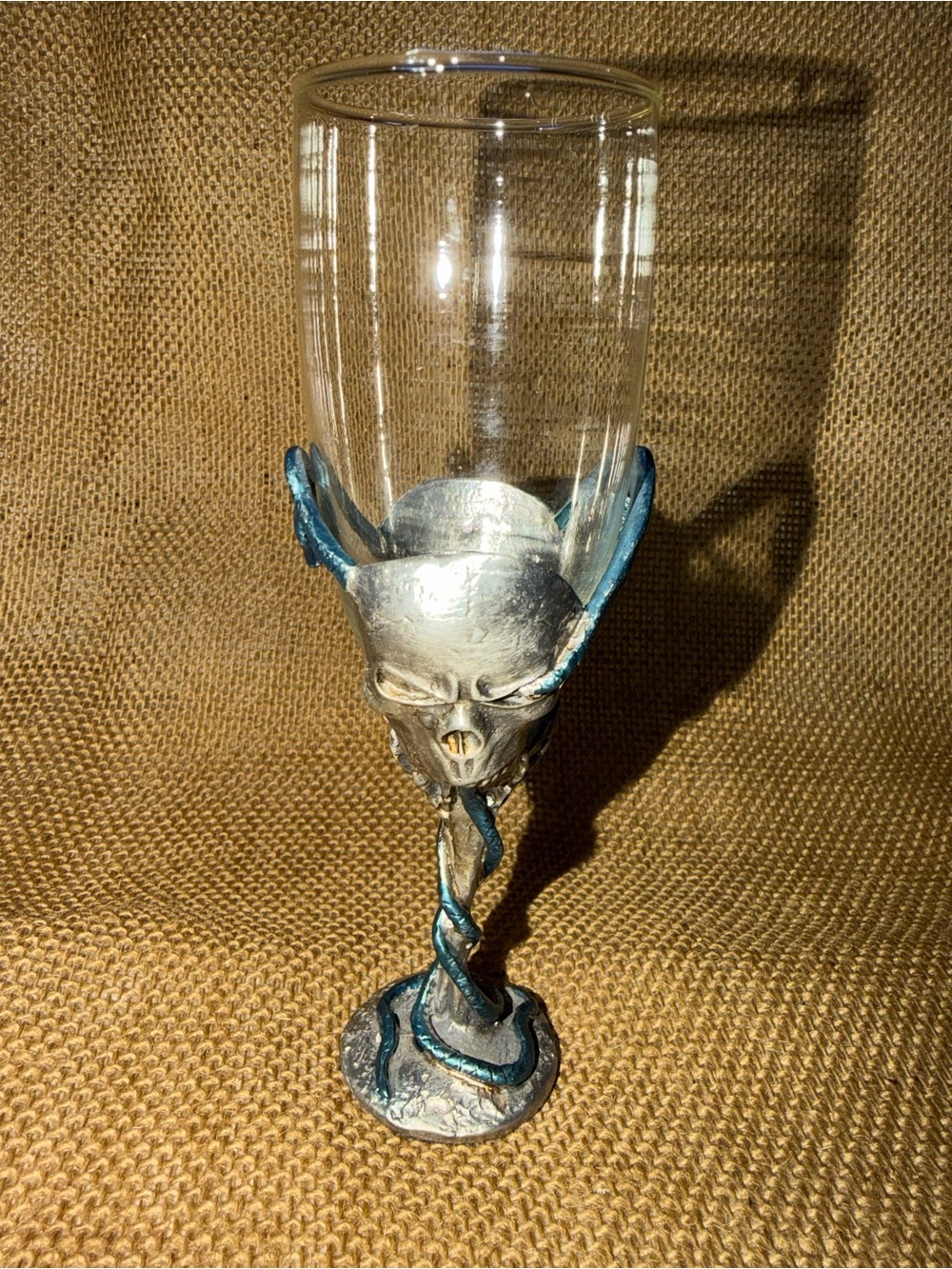 Silver and Teal Skull Goblet - Decorative Home Art Glass